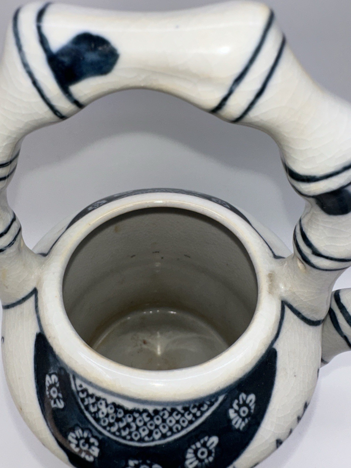VTG BLUE & WHITE CHINESE TEAPOT ~ BAMBOO STYLE HANDLE ~ 20th Century ~ 8” Tall