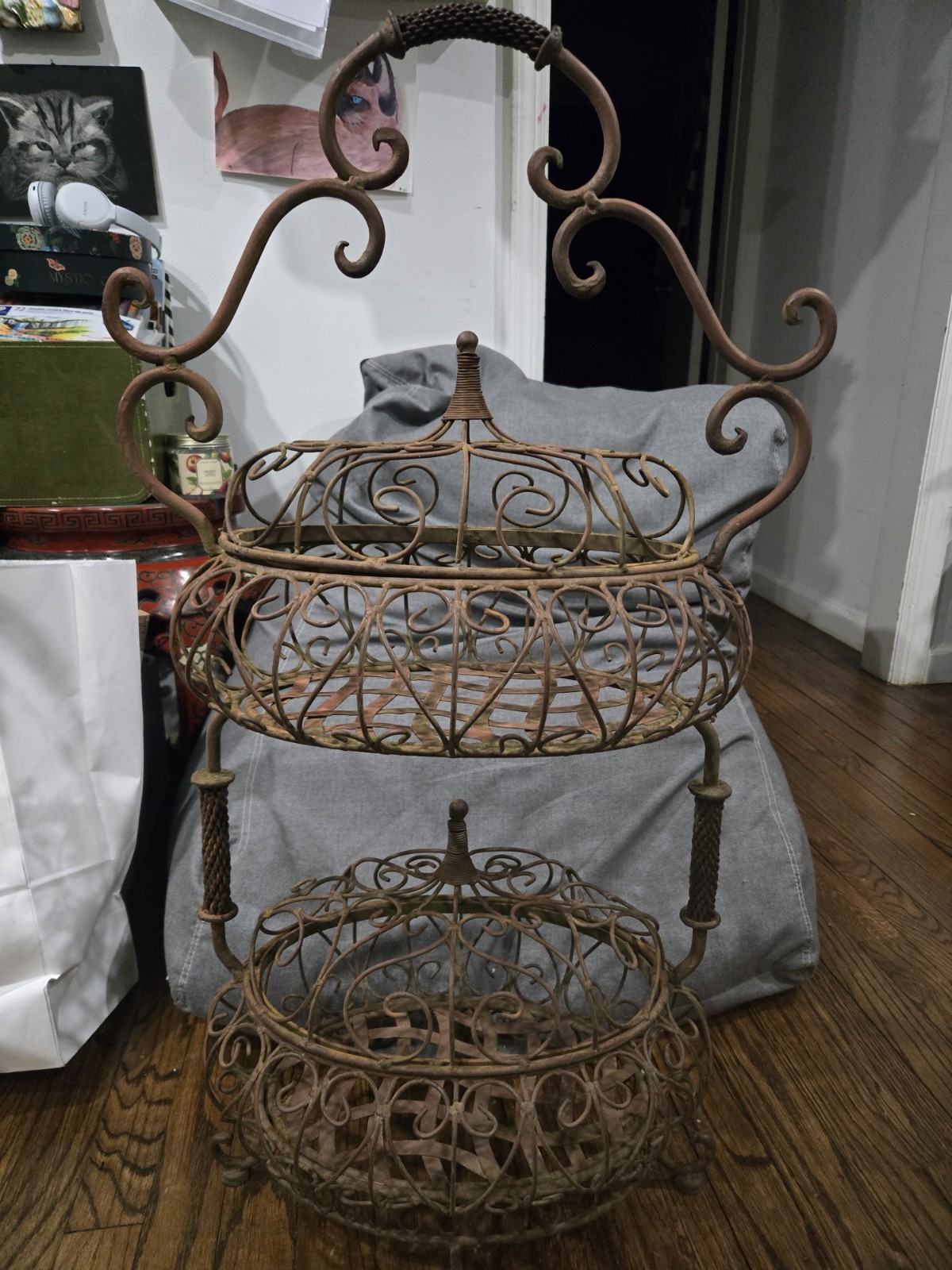 RARE Antique French Two Tier Filigree Wire Basket With Lids