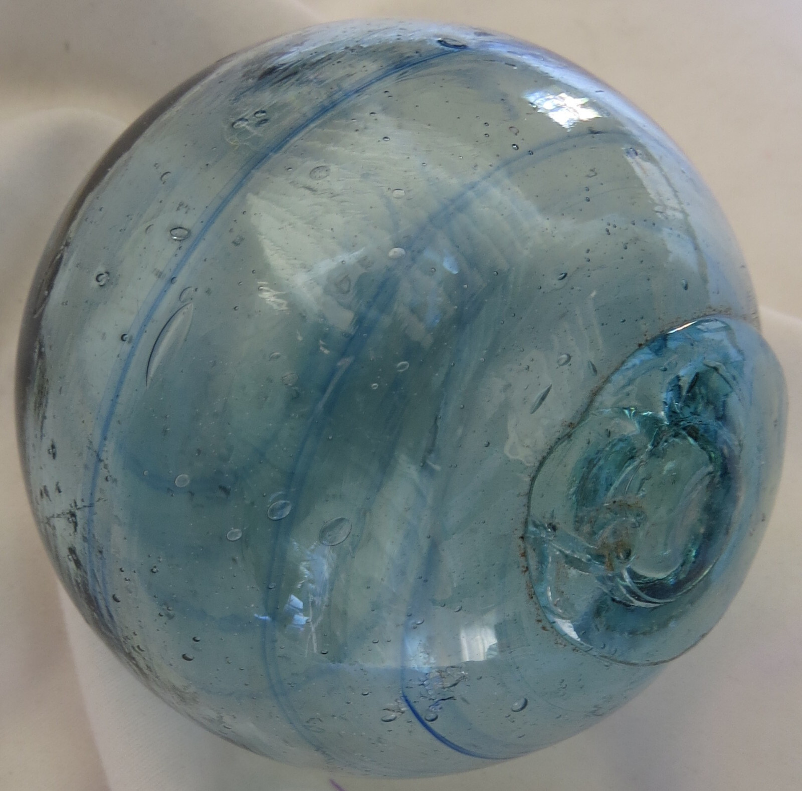 Japanese Blown Glass FLOAT 3.5″ Blue w/Cobalt Swirls Indentation Antique! USA BZ