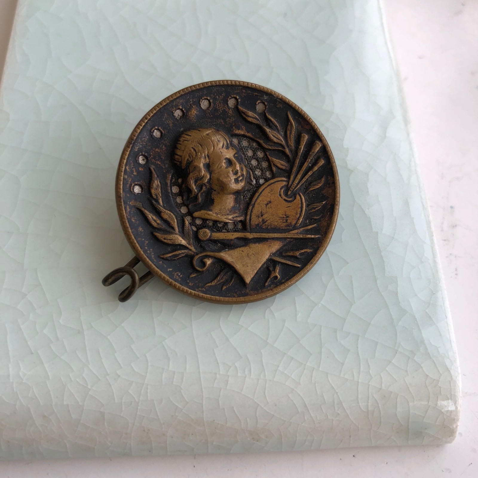 Antique Metal Portrait Shank Button , Artist/Painter Design – Modified Clasp