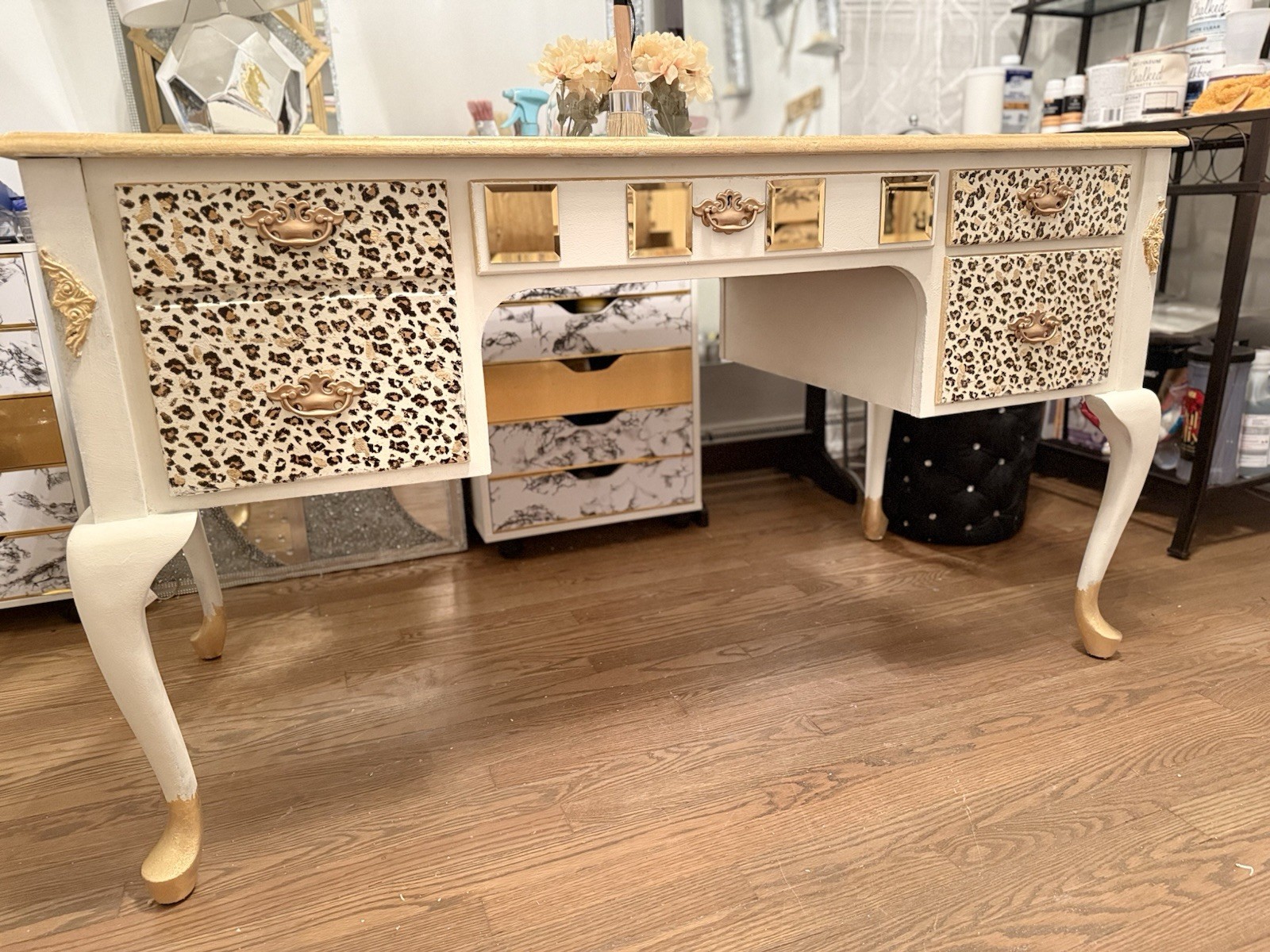 Beige & Gold Desk with Leopard Print Drawers – Glam Statement Vanity or Office