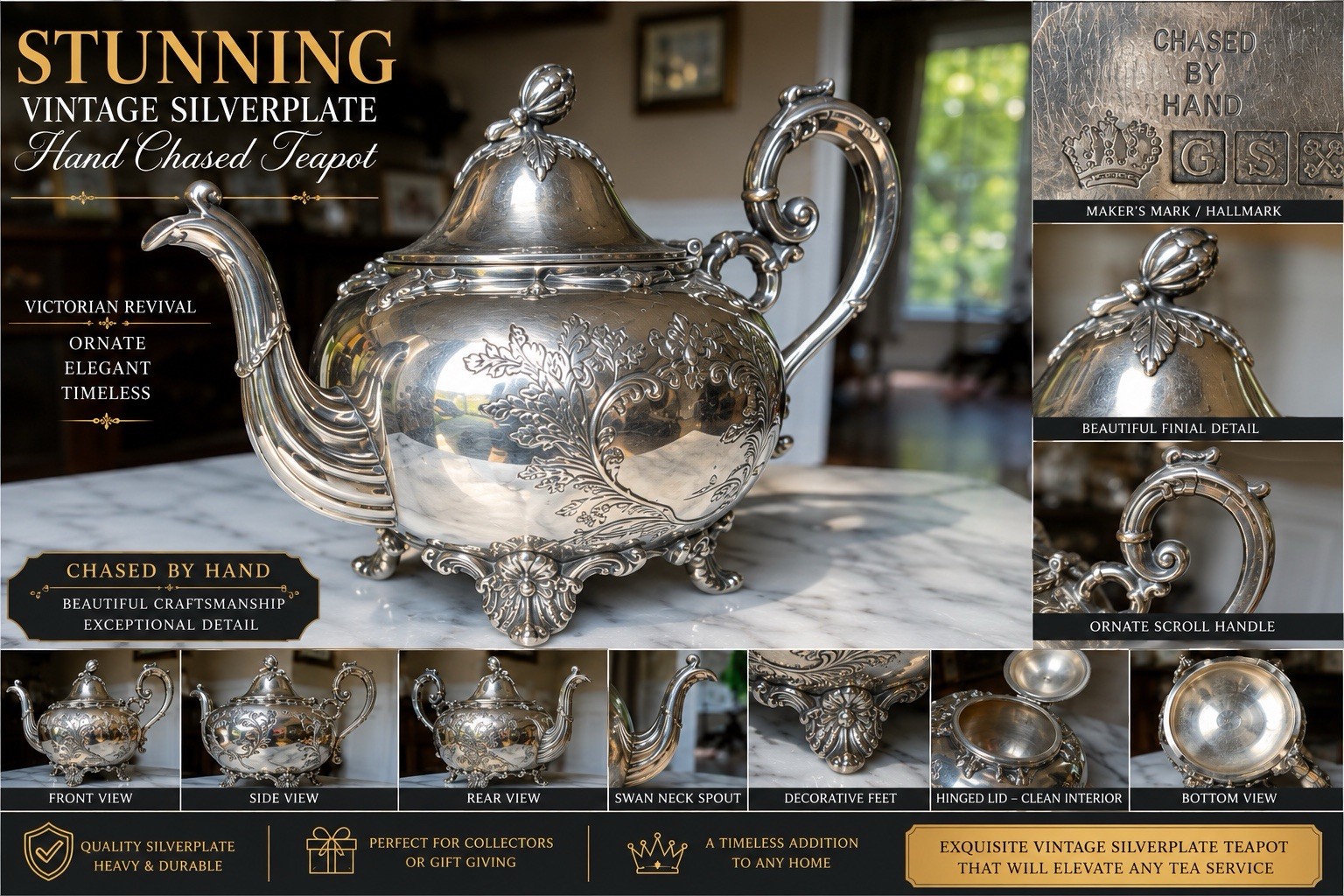 Vintage Hand Chased Silverplate Teapot Ornate Victorian Style Heavy GS Crown
