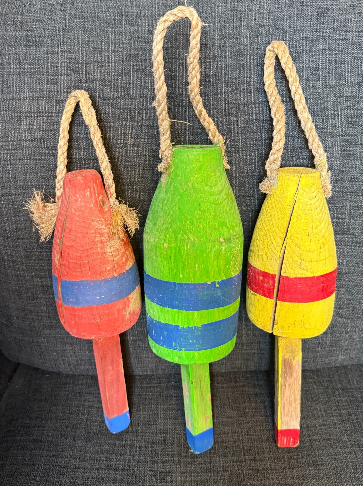 Set of 3 Authentic Vintage Wooden Lobster Buoys Nautical Fishing Floats Coastal