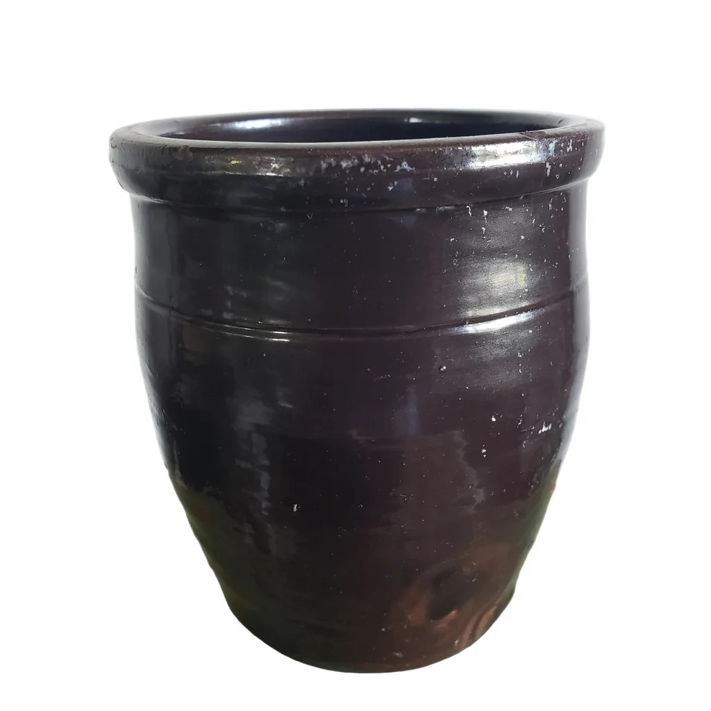 Antique Dark Brown Redware Preserve Apple Butter Crock 4 1/4″