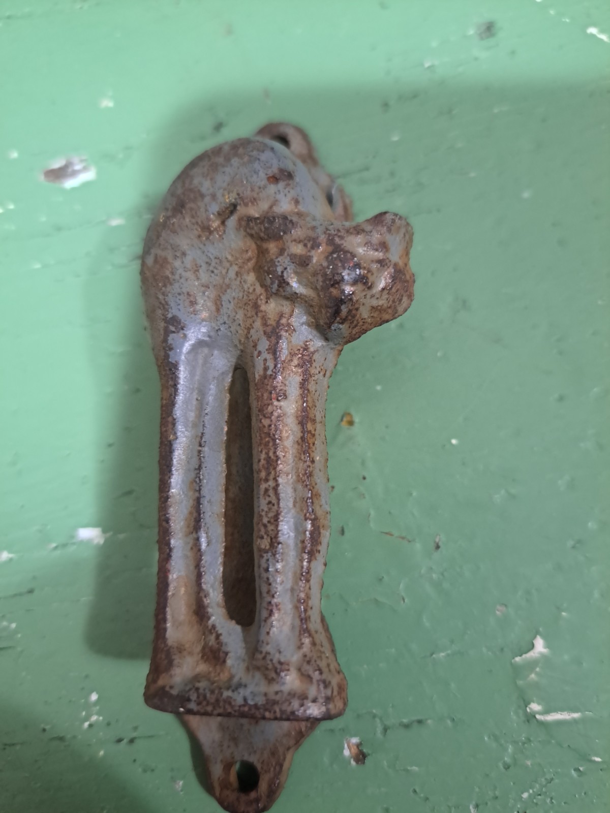 CAT original Antique Gray Cast Iron Door Knocker Arched Back, 20th cent Cottage