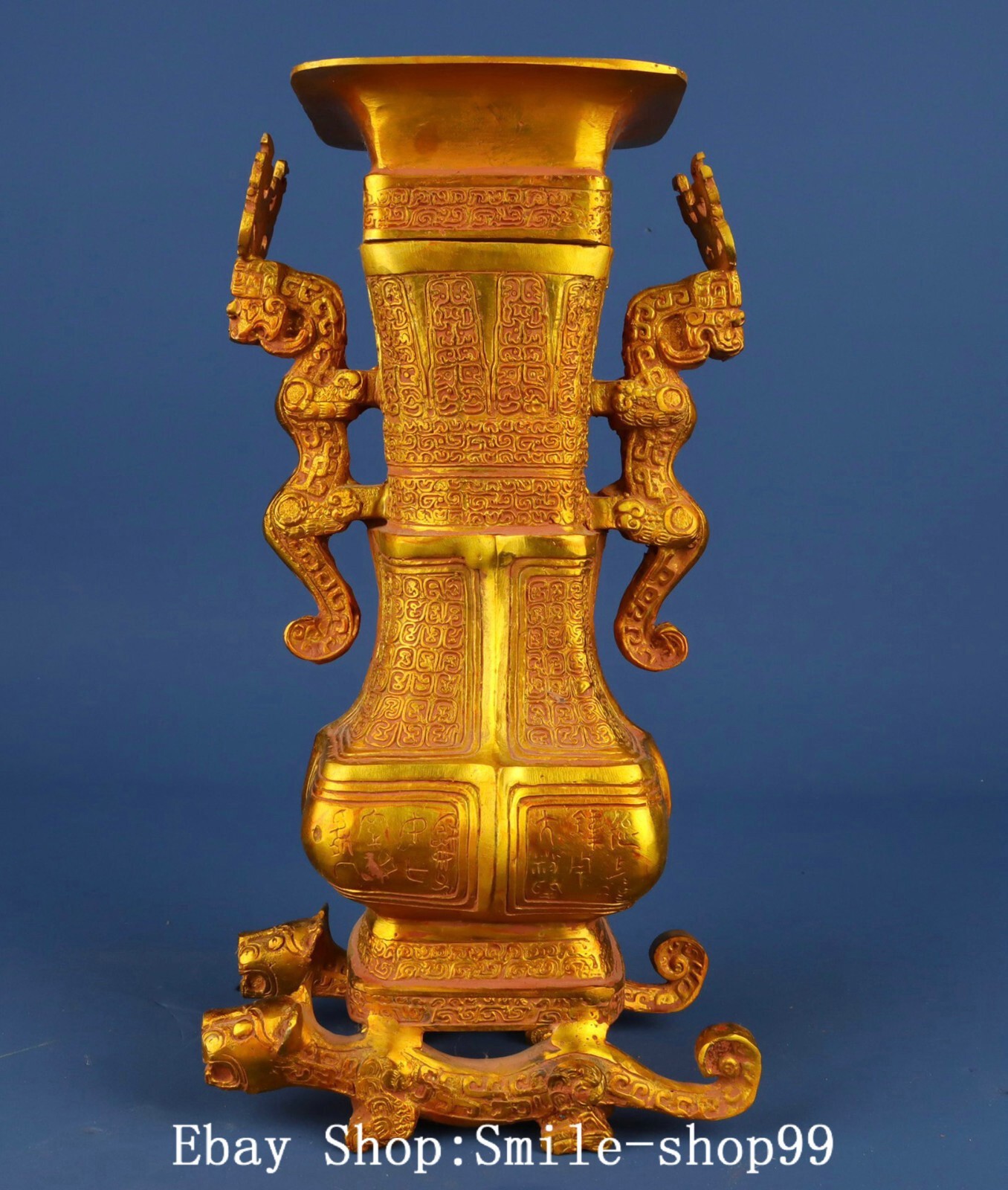 11.4″ Han Dynasty Bronze Gilt Dragon Beast inscription Double Ears Bottle Vase