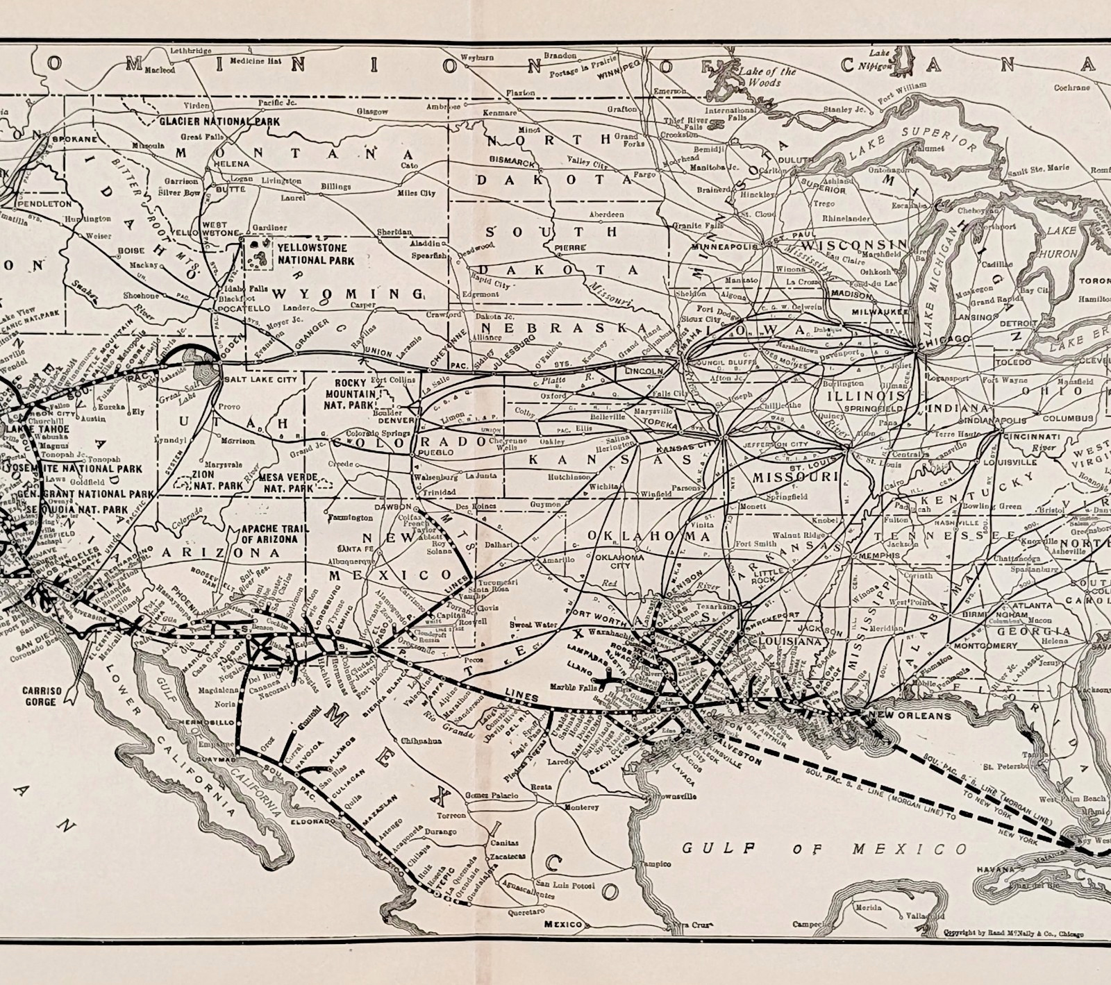 1925 UNITED STATES – Southern Pacific Railroad Map ORIGINAL – Steamship Routes