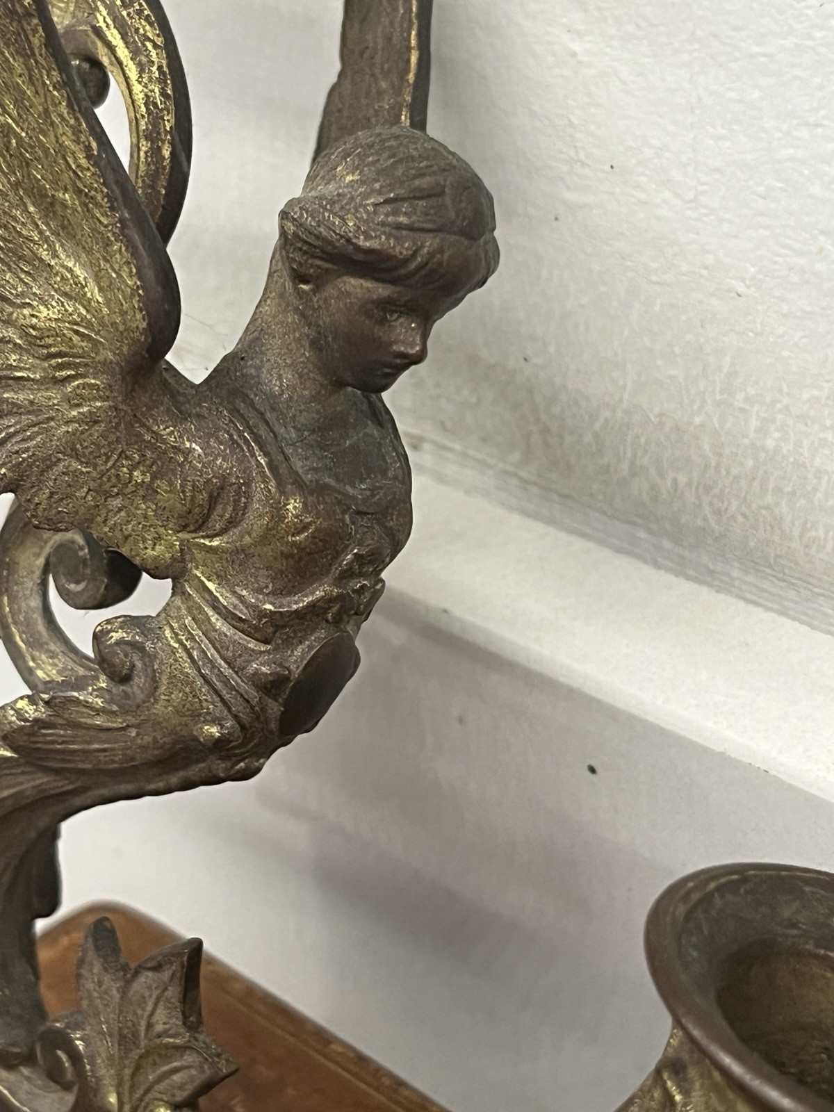 Pair Of Antique French Candle Sconces Winged Angels Rocco Style Late 19th C