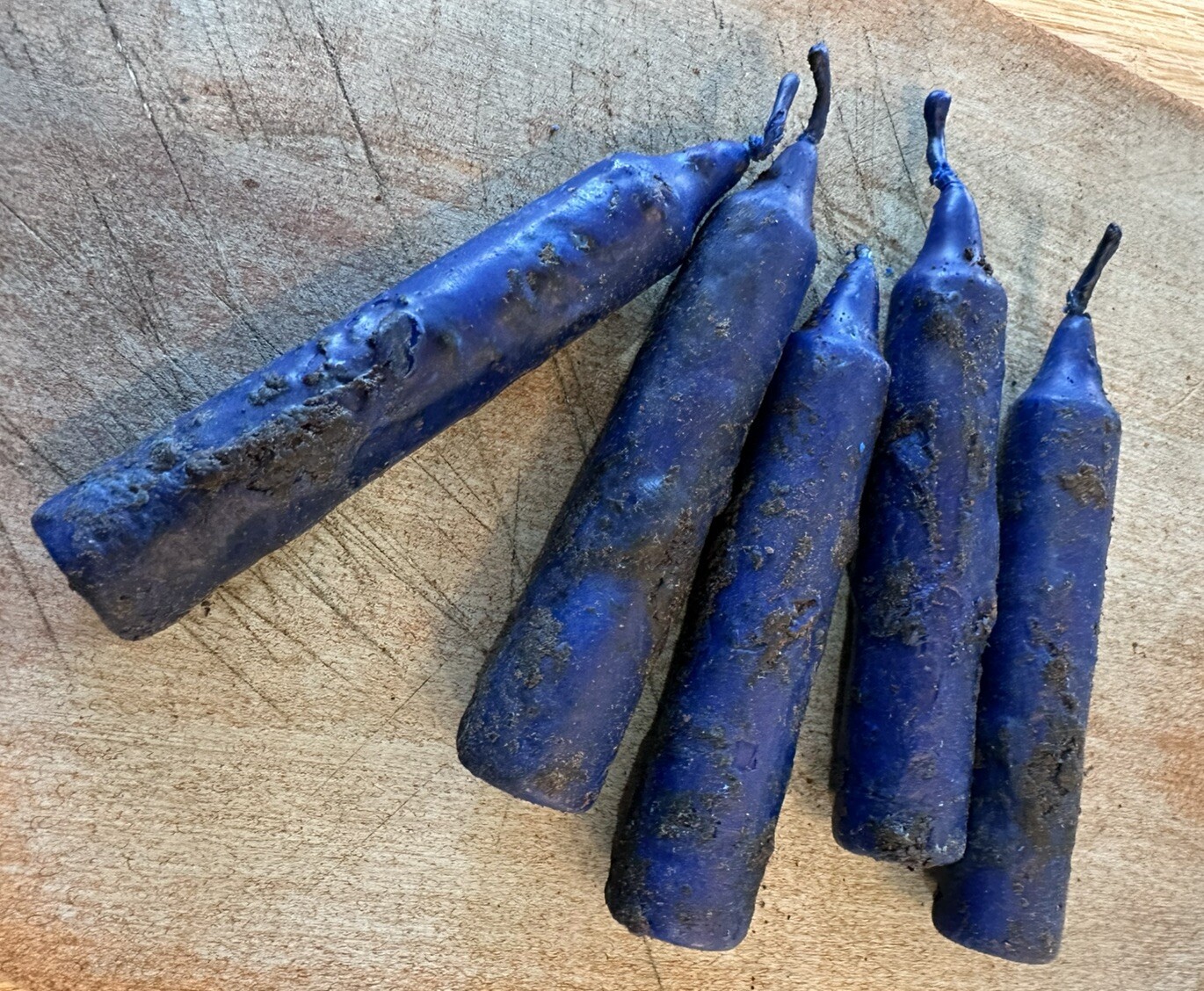 Grungy Grubby Hand Dipped Candles in Scented Blueberry Cobbler 4 Inches Tall.