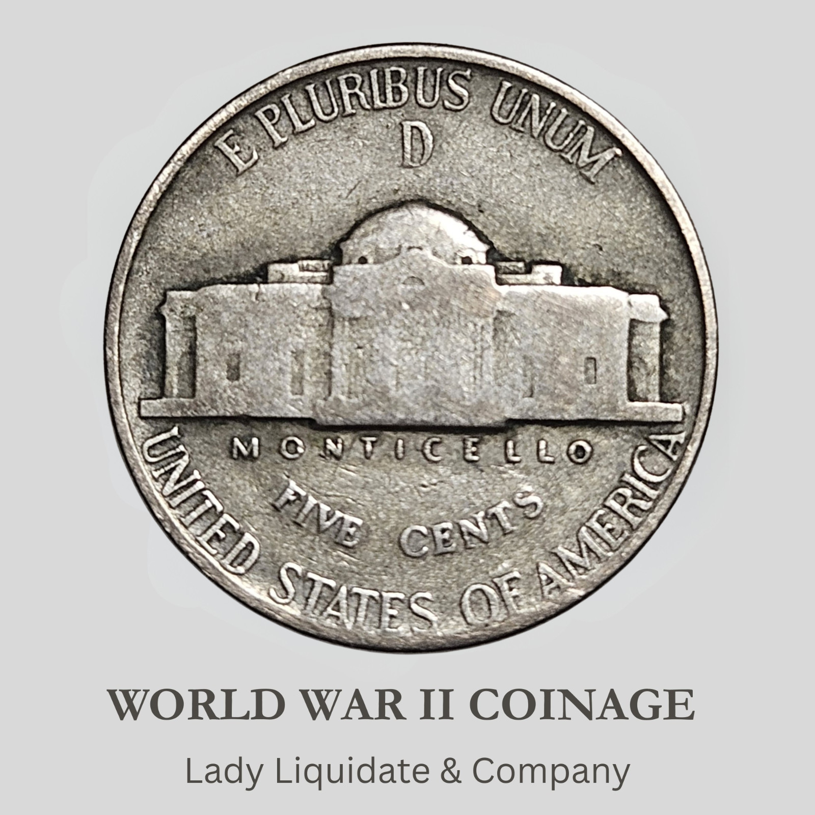 1945-D Jefferson War Nickel – 35% Silver WWII Issue – Large Mint Mark U.S. Coin