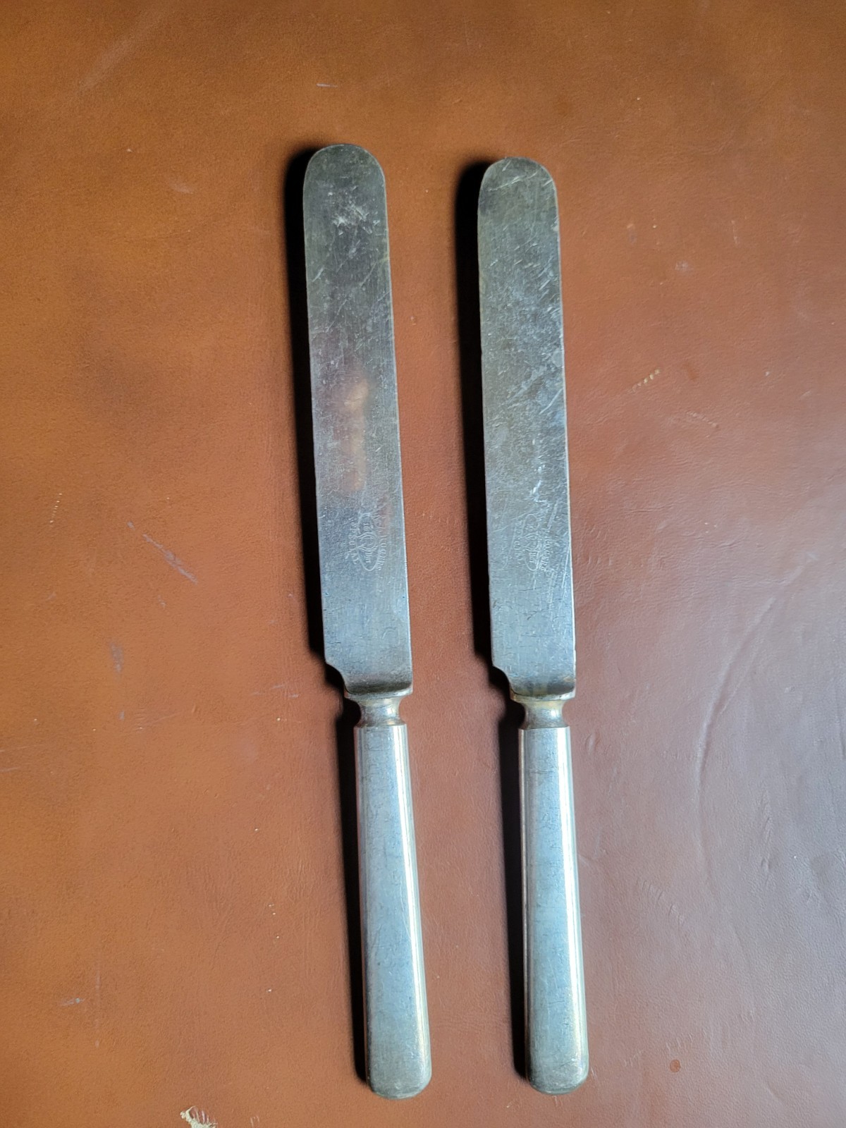Vintage Knives round end WM.A.Rogers Nickle Silver 9ish” long 2 count