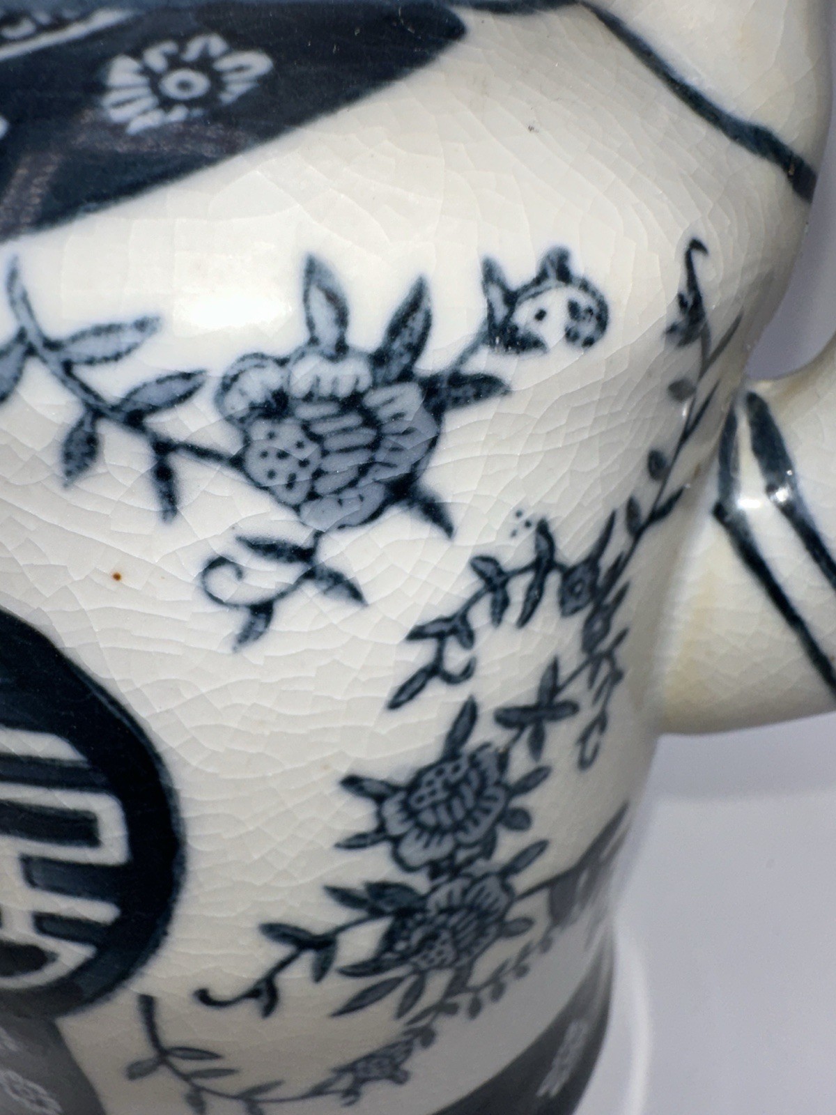 VTG BLUE & WHITE CHINESE TEAPOT ~ BAMBOO STYLE HANDLE ~ 20th Century ~ 8” Tall