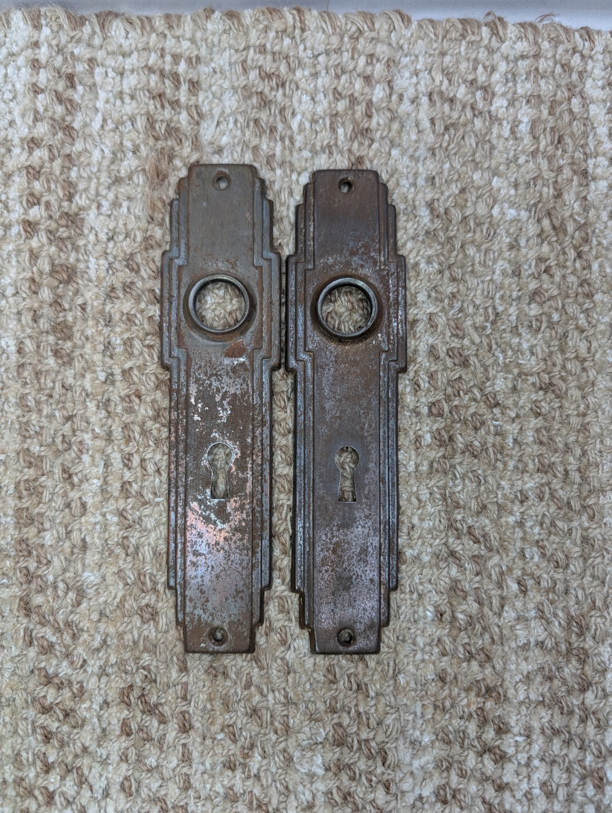 Pair 1 3/4″ x 7″ Antique Art Deco Stamped Steel Door Knob Plates Circa 1930