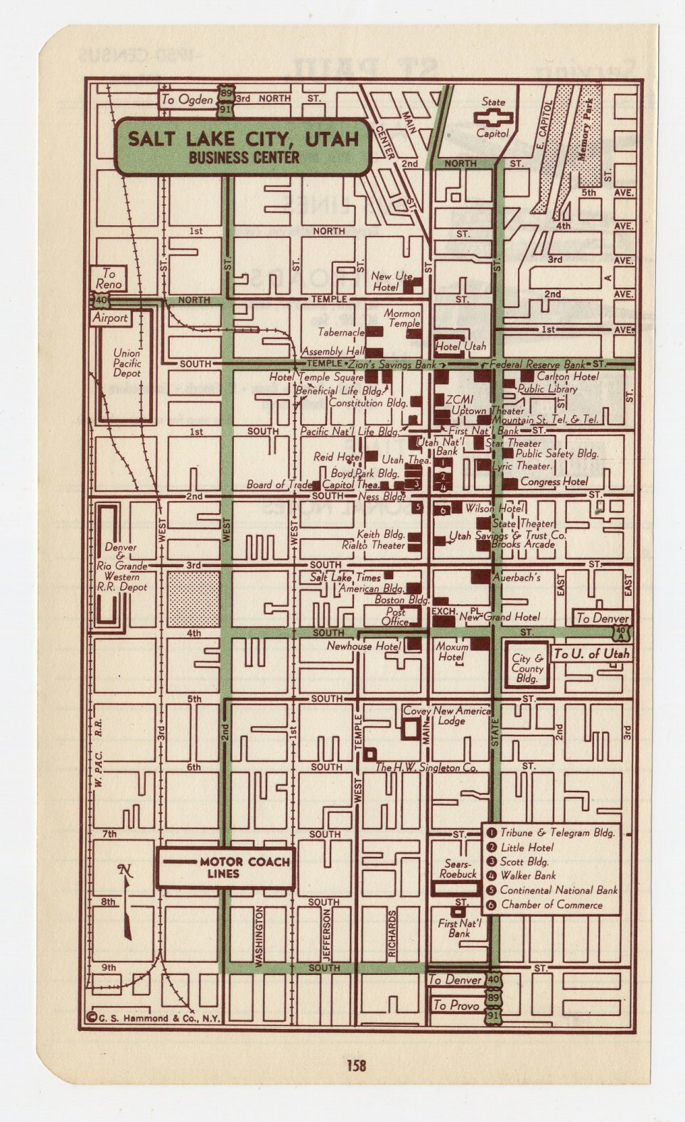 1951 ORIGINAL VINTAGE MAP OF SALT LAKE CITY UTAH DOWNTOWN BUSINESS CENTER