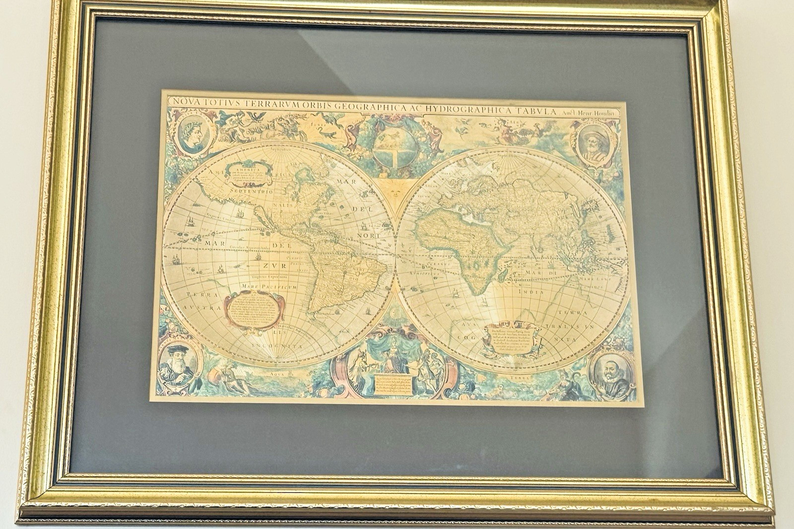 Antique Style World Map Print – Hondius 1630 Double Hemisphere – Framed Wall Art