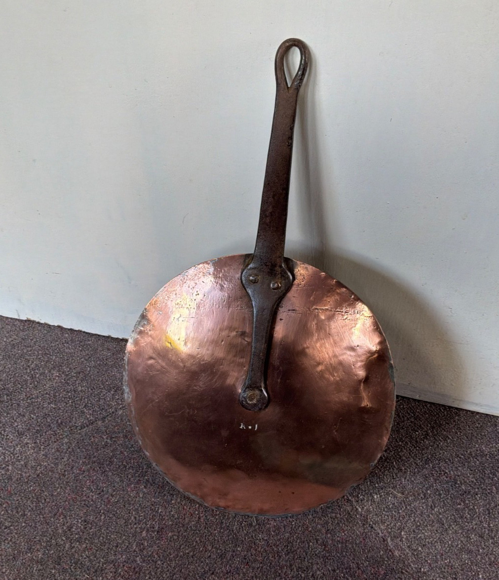 Antique French Lollipop Copper Pan Lid 28cm with Cast Iron Handle