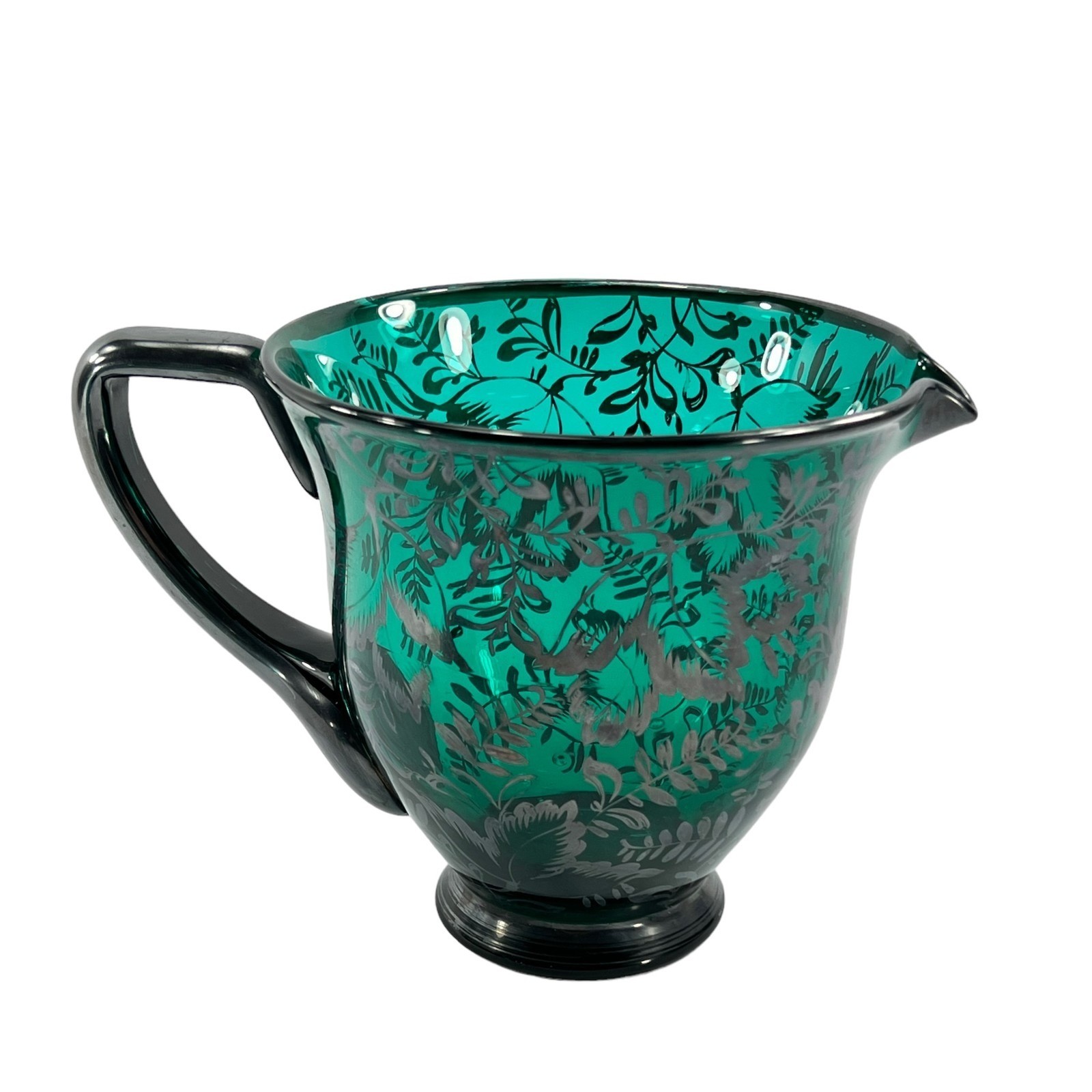 Antique Silver Overlay Pitcher 4 Glasses Beverage Set Blue Green Glass Large