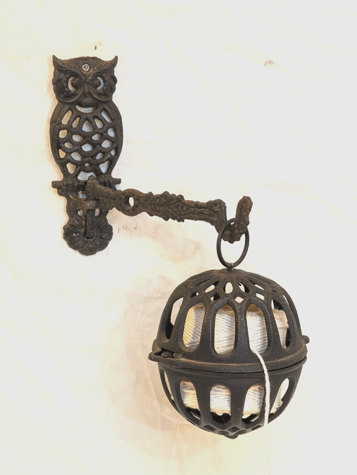 Antique Primitive Cast Iron Twine String Holder General Store Hanging OWL