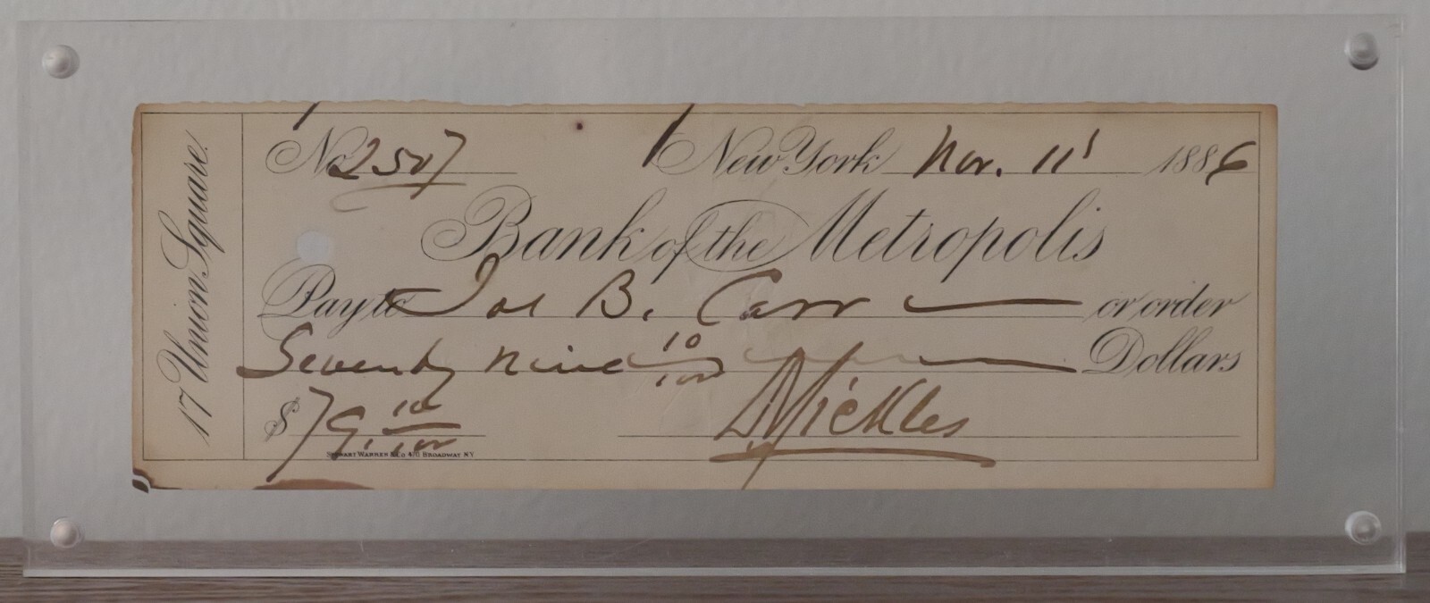1886 Check signed by Gettysburg General Daniel Sickles