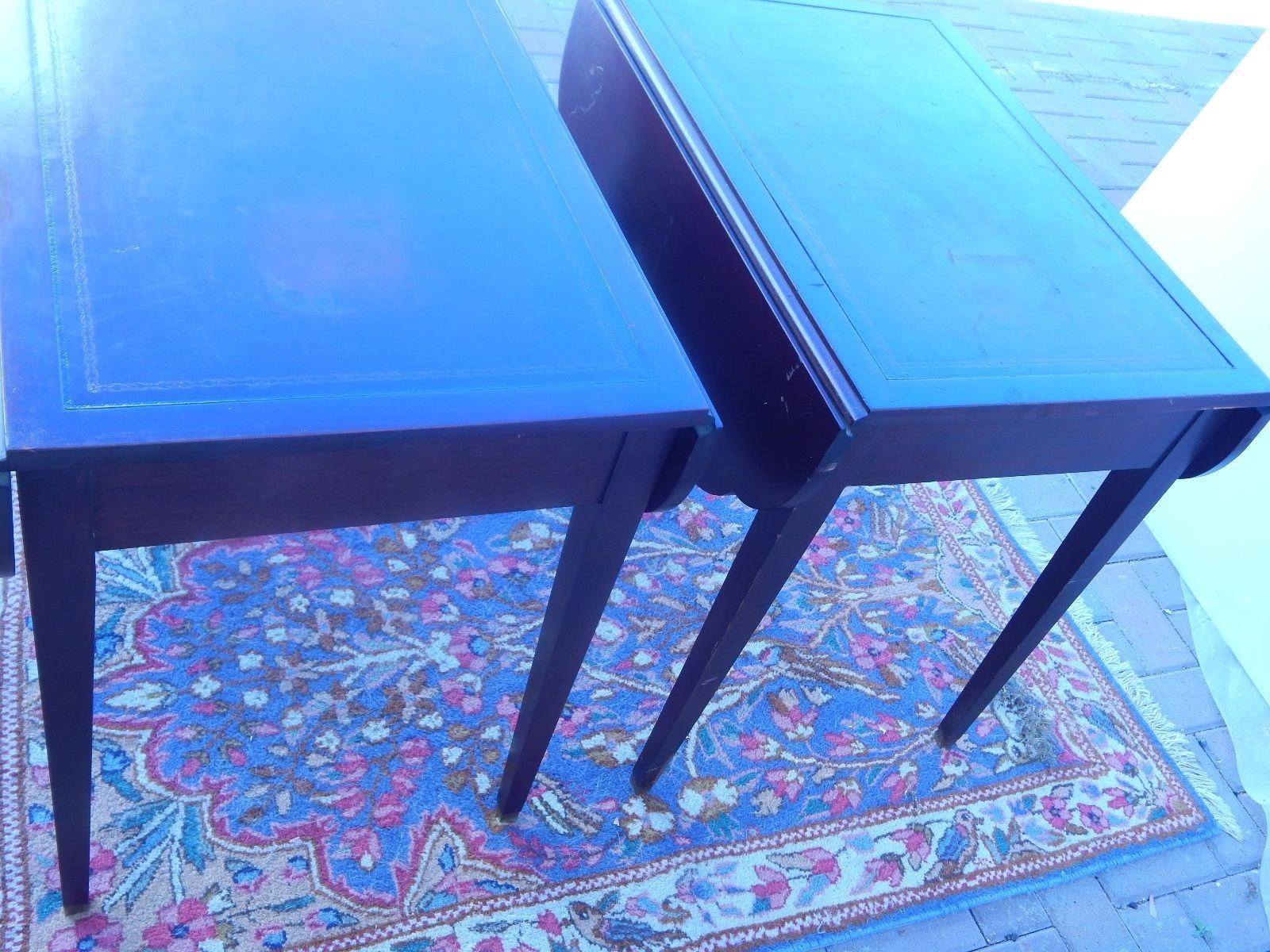 Matched Pair Dark Mahogany Drop Leaf Table Leather Top 26.75″H x 27″D x 36″ W