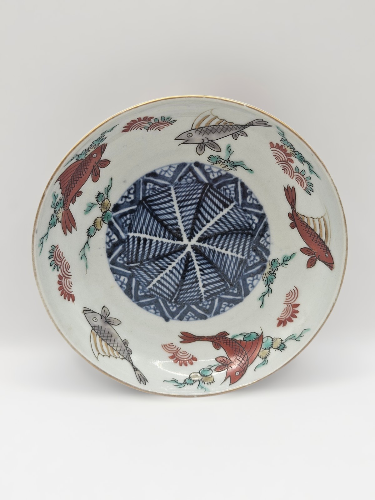 Japanese Arita Style Imari Porcelain Pin Dish Late Meiji W. Dealer Label Mid Edo