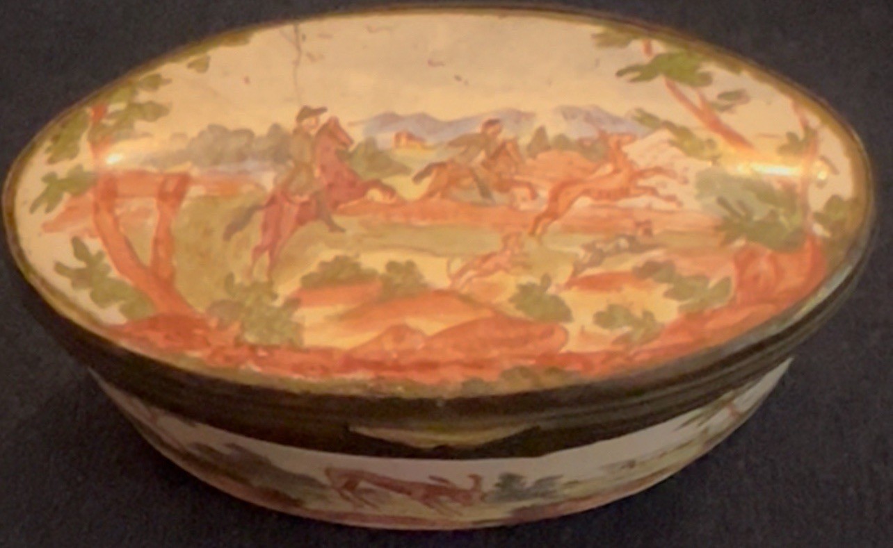 Antique Battersea/Bilston Box Depicting a Hunting Scene c.1770