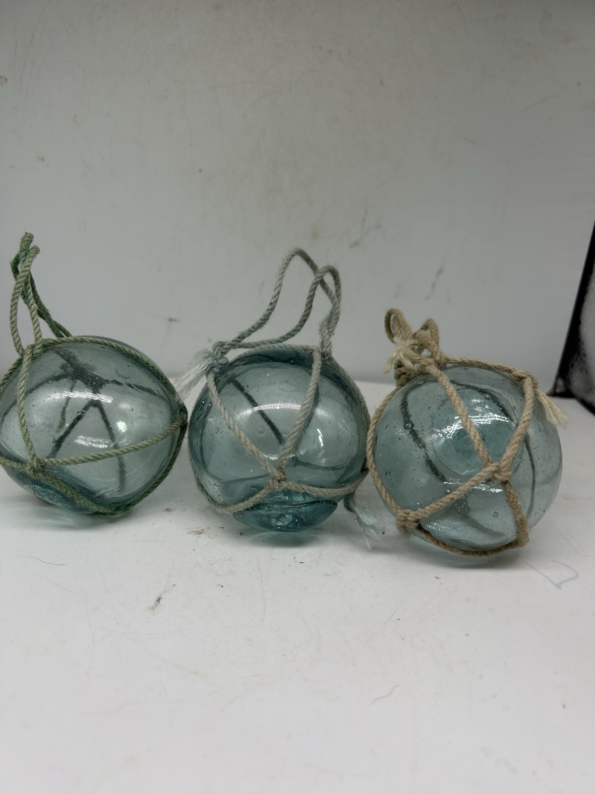 3 Hand Blown Japanese Glass Fishing Floats Buoys With Netting 3” Balls