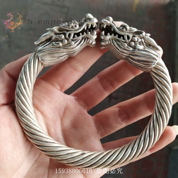 China old Tibetan silver Double headed Dragon Silver Bracelet Men’s bracelet
