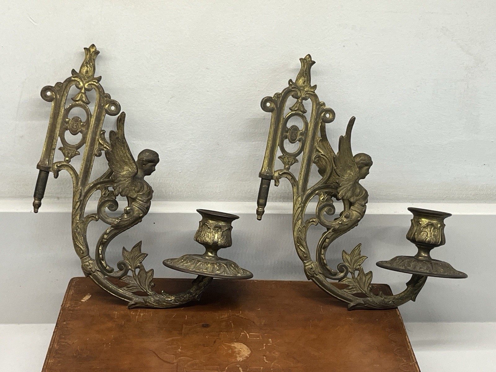 Pair Of Antique French Candle Sconces Winged Angels Rocco Style Late 19th C