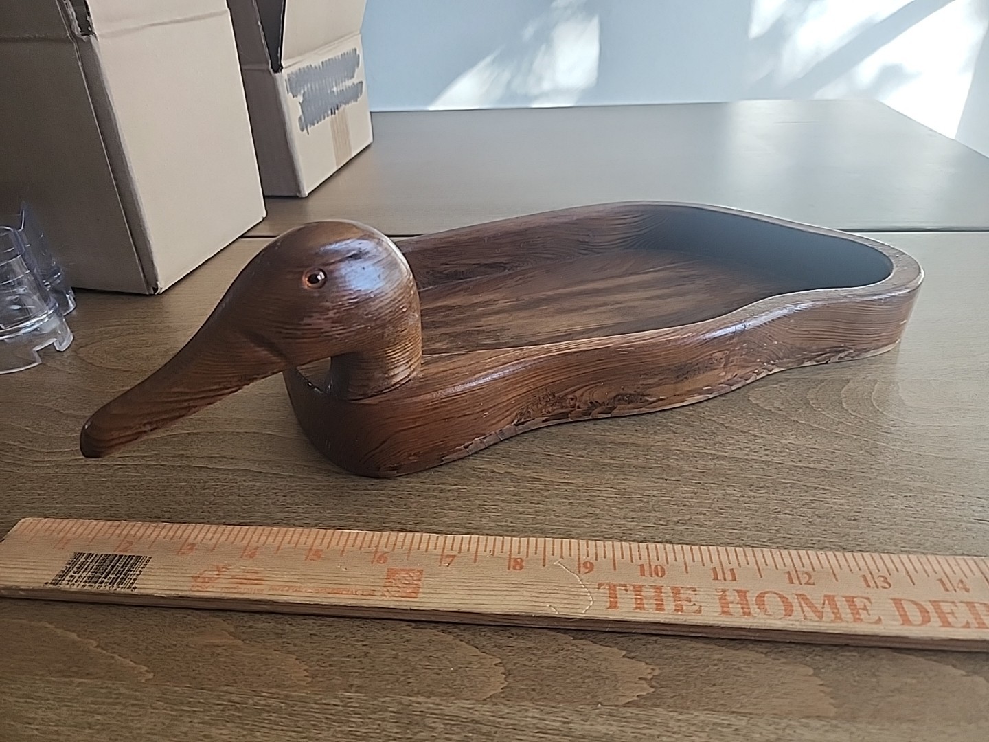Mid Century Modern Vintage Wooden Bowl / Tray W/Carved Duck Head With Glass Eyes