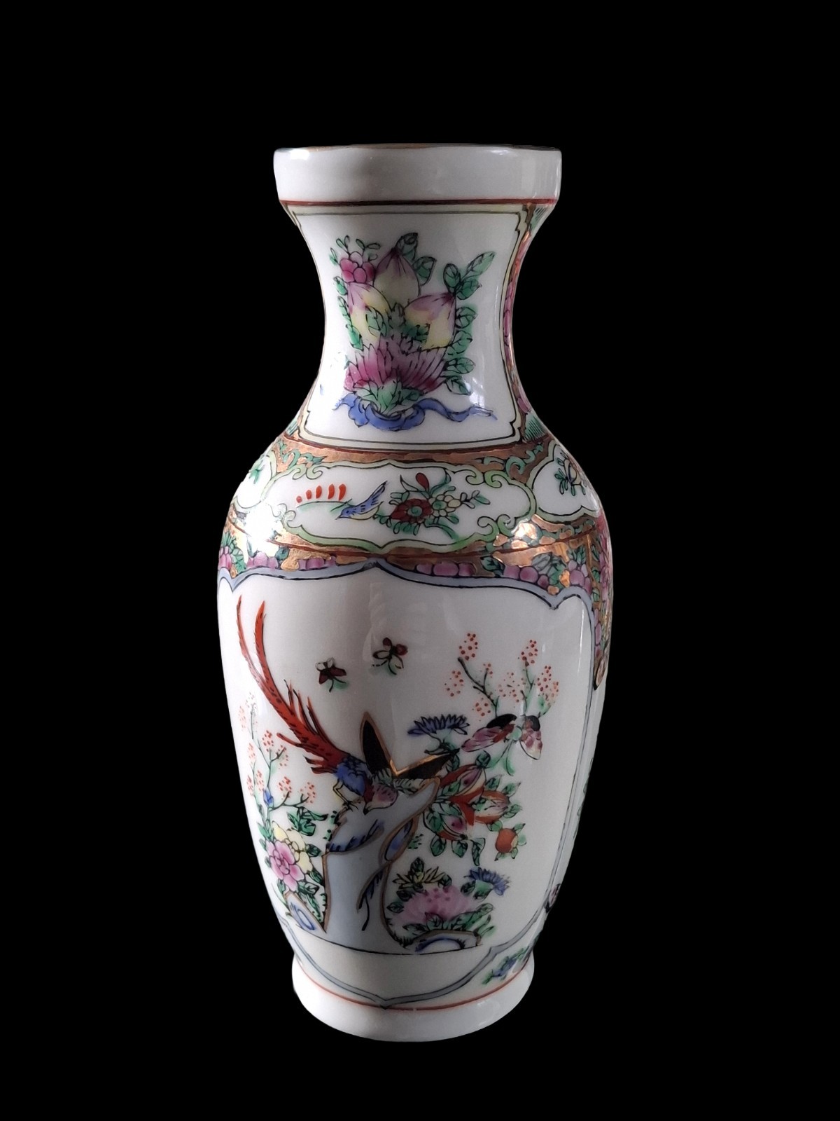 Vintage Chinese Famile Rose Baluster Vase Mid Century Modern