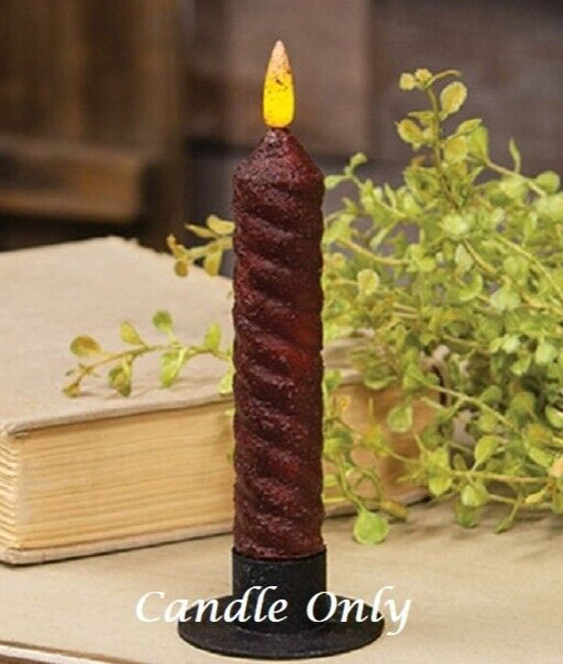 NEW PRIMITIVE BURNT BURGUNDY TIMER TAPER CANDLE TWISTED DESIGN 6.25″ LED Flicker