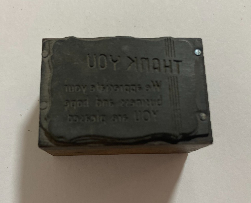 Vtg Printing Letterpress Printers Block Wood Metal “Thank You” For Your Business