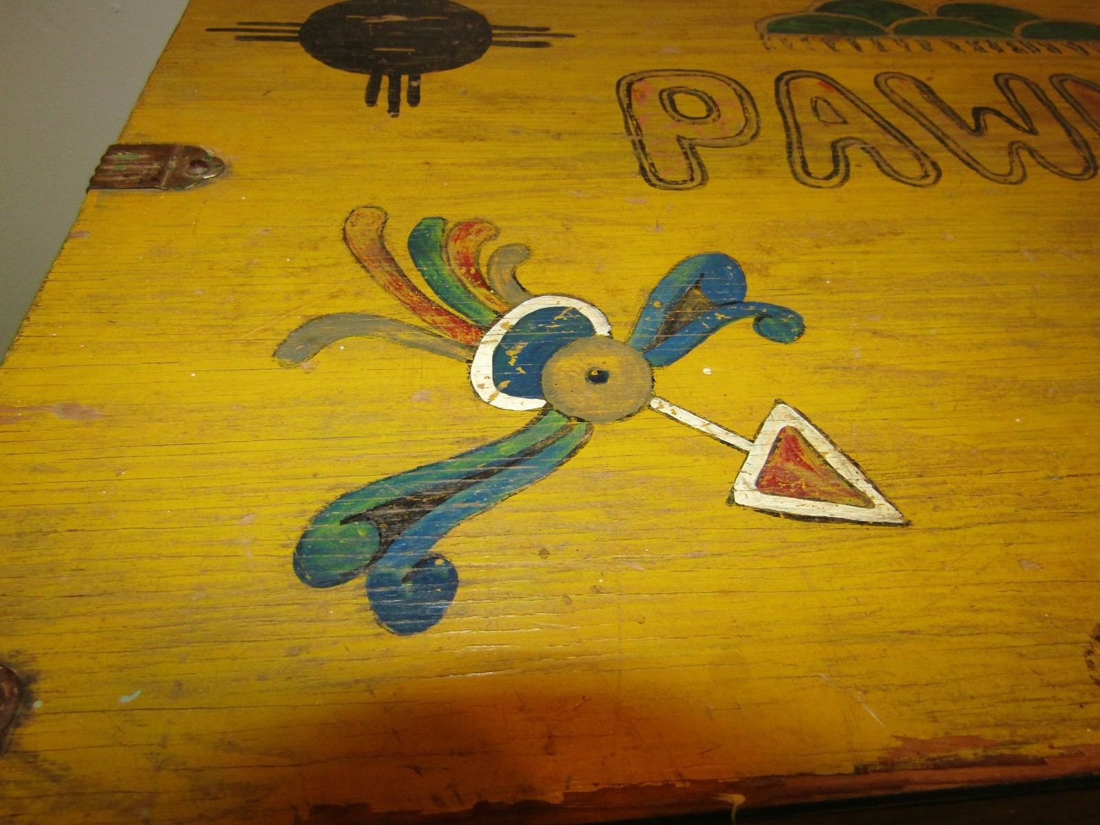Antique Travel Trunk Meso Native Symbols Folk Art Hand Painted Shawnee