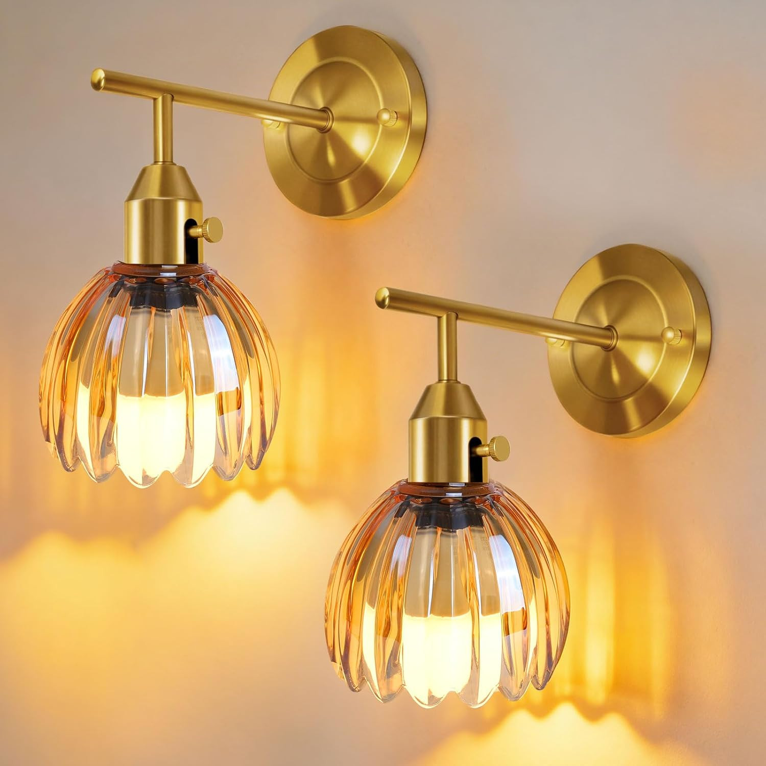 Vintage Gold Wall Sconces with Amber Glass Shades – Hardwired & Wireless Set of
