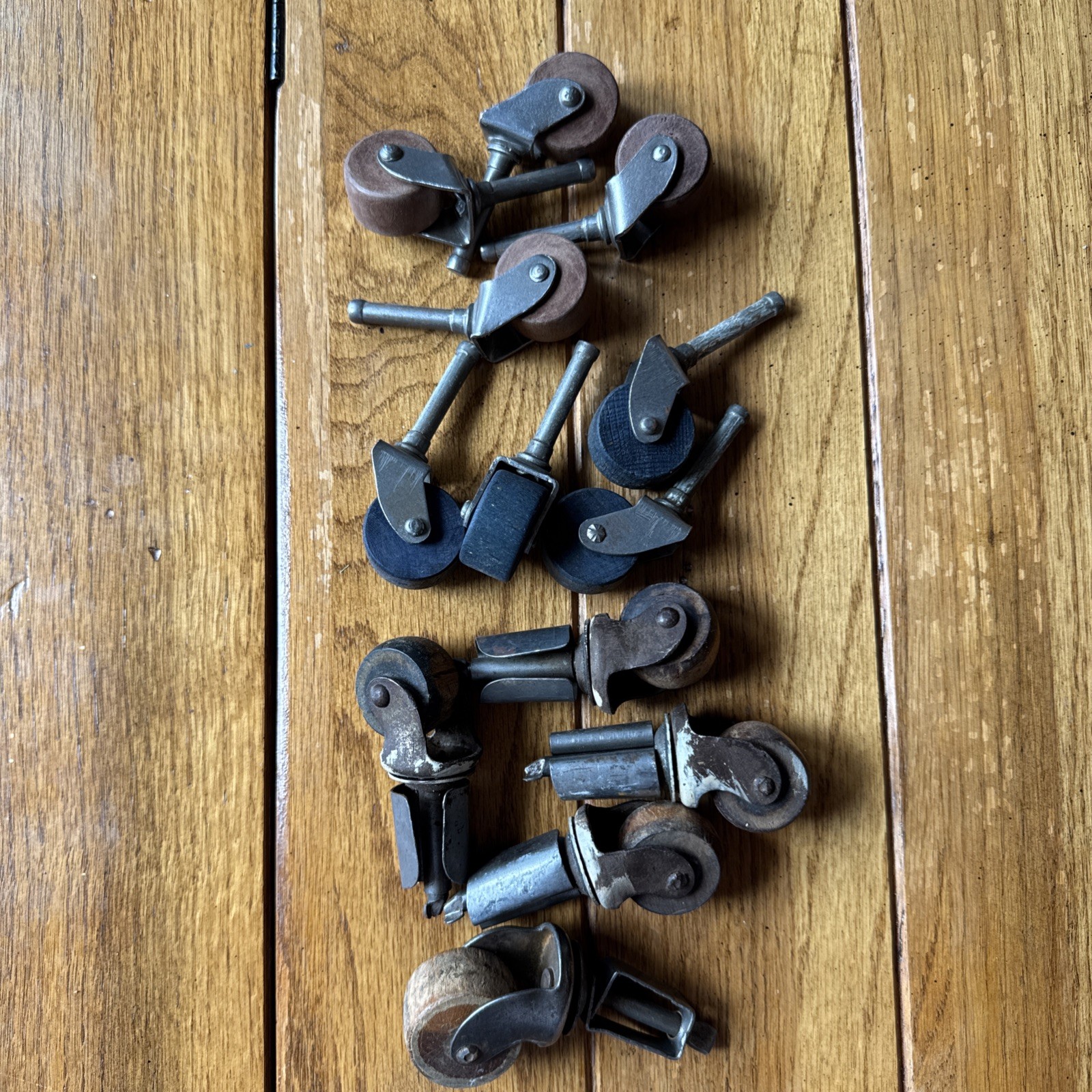 Lot of 13 Antique Vintage Wooden Wheel Furniture Stem Castors w/ Sockets Salvage