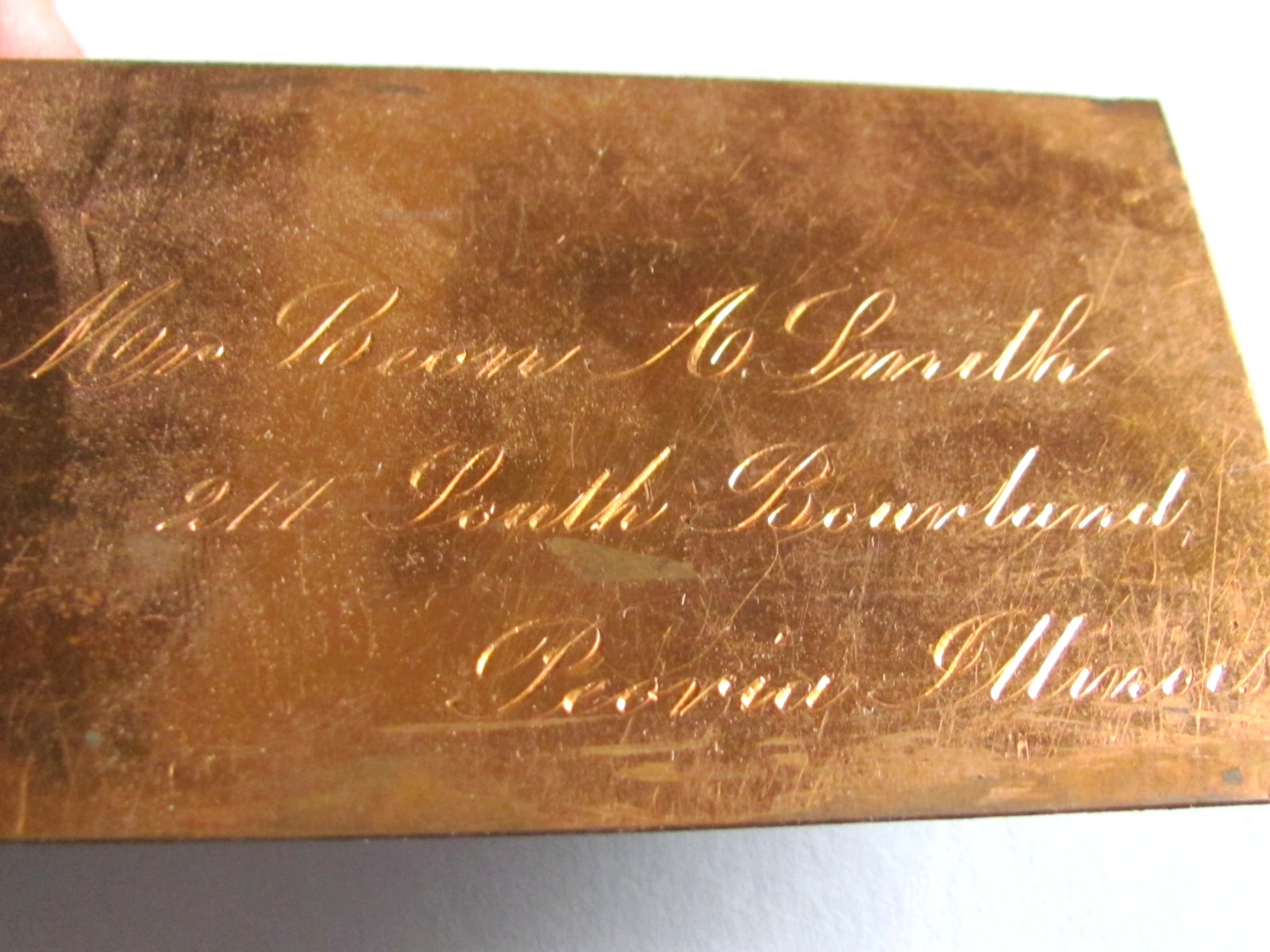 ANTIQUE BUSINESS CARD ROLLED GOLDPLATE LEON A SMITH 214 SOUTH BOURLAND PEORIA