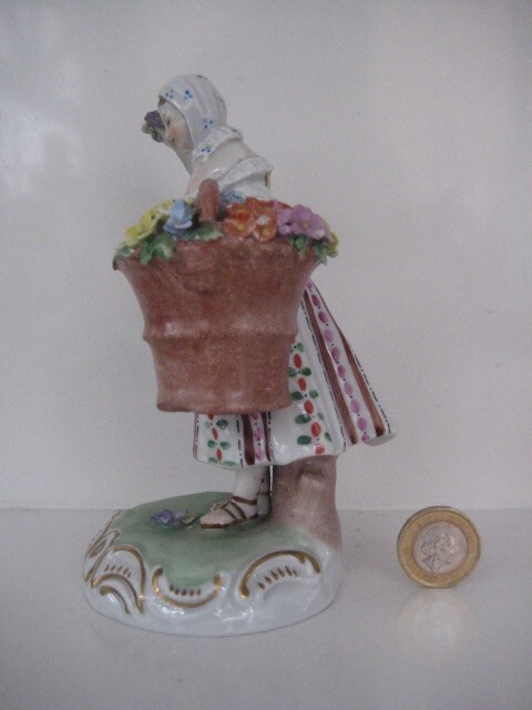 VINTAGE DRESDEN GERMANY FLOWER SELLER FIGURINE DAMAGE TO ARM AND FLOWER PETALS