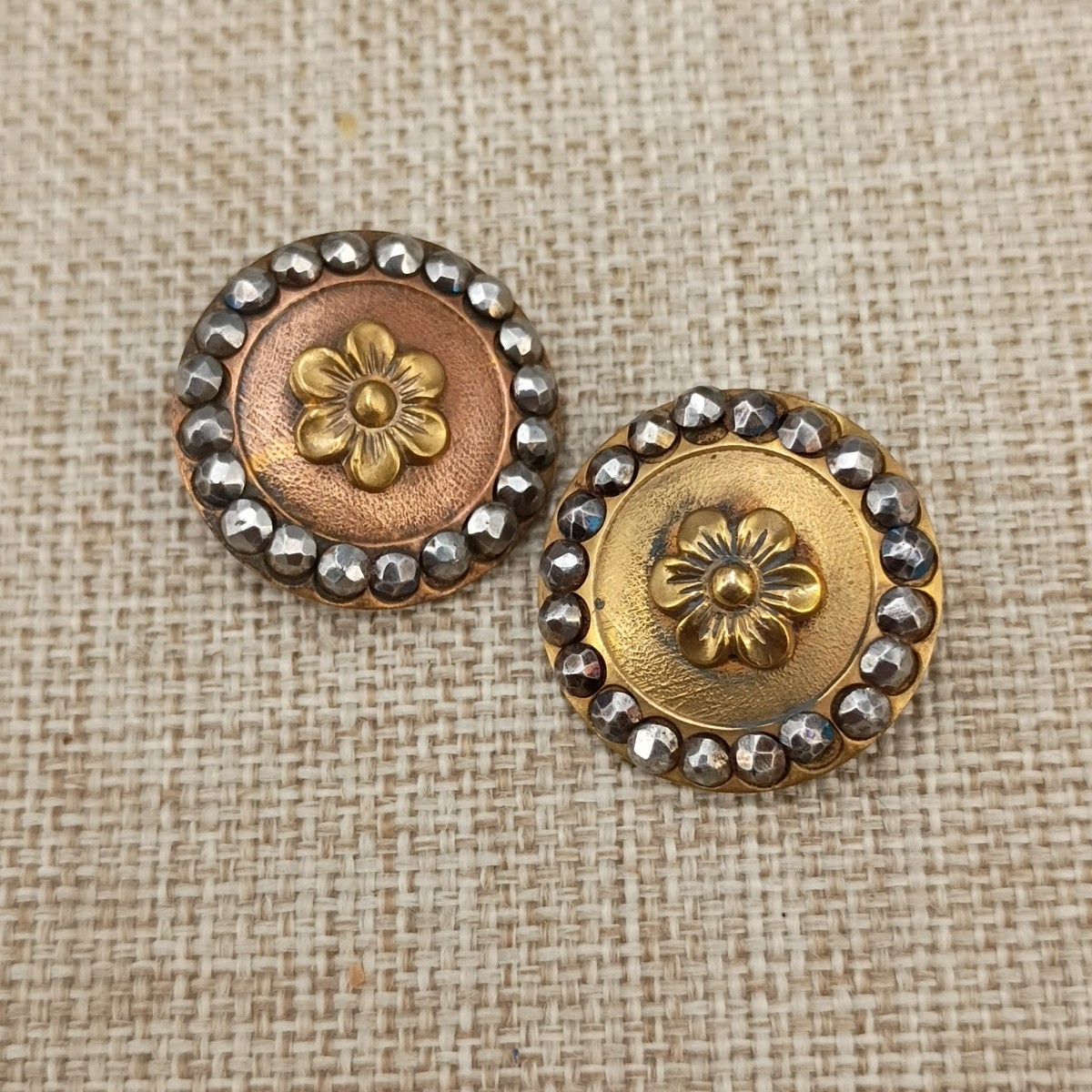 Antique Victorian Brass Cut Steel Floral Buttons 19mm Set 2 Daisy Shank Small