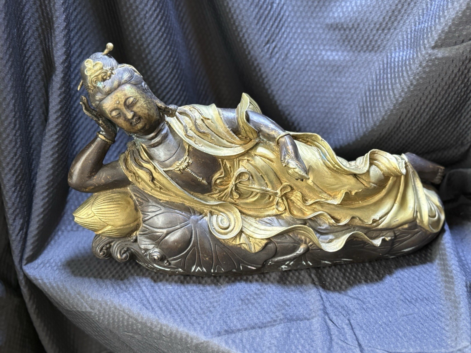 Chinese 19th C. Gilt Bronze Reclining Guanyin Buddha – 15.5” 11 lb