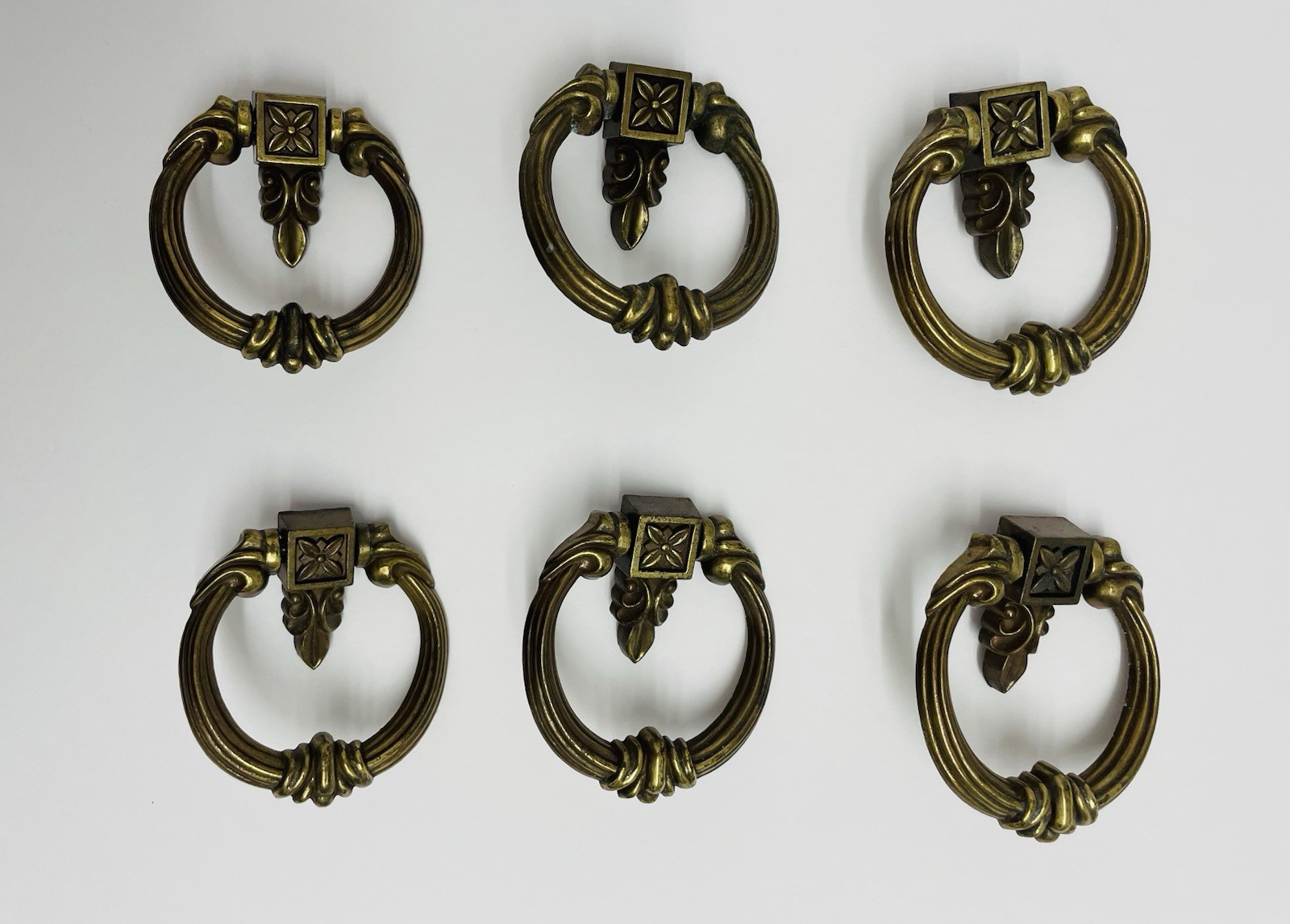 6 Antique Drop Ring Pulls Drawer Stay Up Vtg Dresser Handle Furniture Hardware