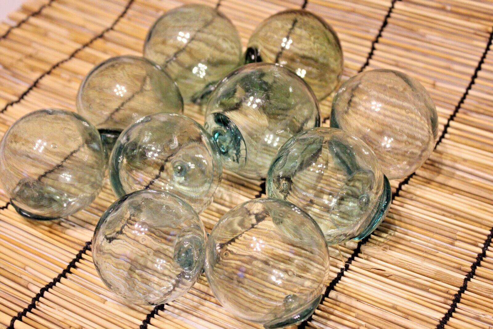 Japanese GLASS Fishing FLOATS 3-3.5″ LOT-10 Round Buoy BALLS Authentic Vtg