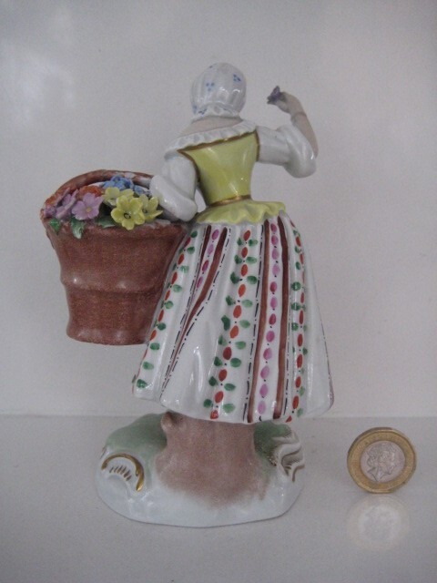 VINTAGE DRESDEN GERMANY FLOWER SELLER FIGURINE DAMAGE TO ARM AND FLOWER PETALS