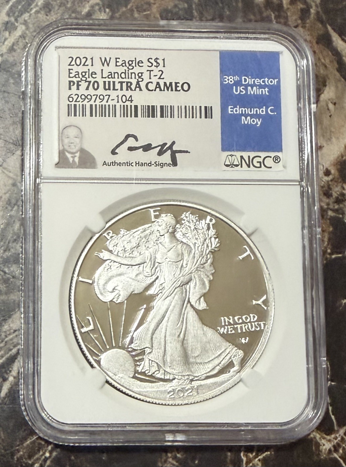 2021-W ASE Silver Eagle T-2 PF70 Ultra Cameo NGC Edmund Moy Signature XRF TESTED