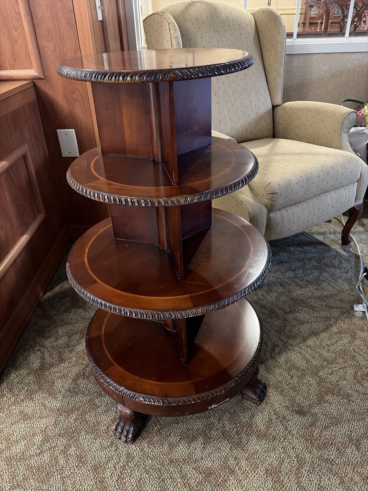 Table Antique Multi-Tier Round Mahogany with Carved Details and Claw Feet