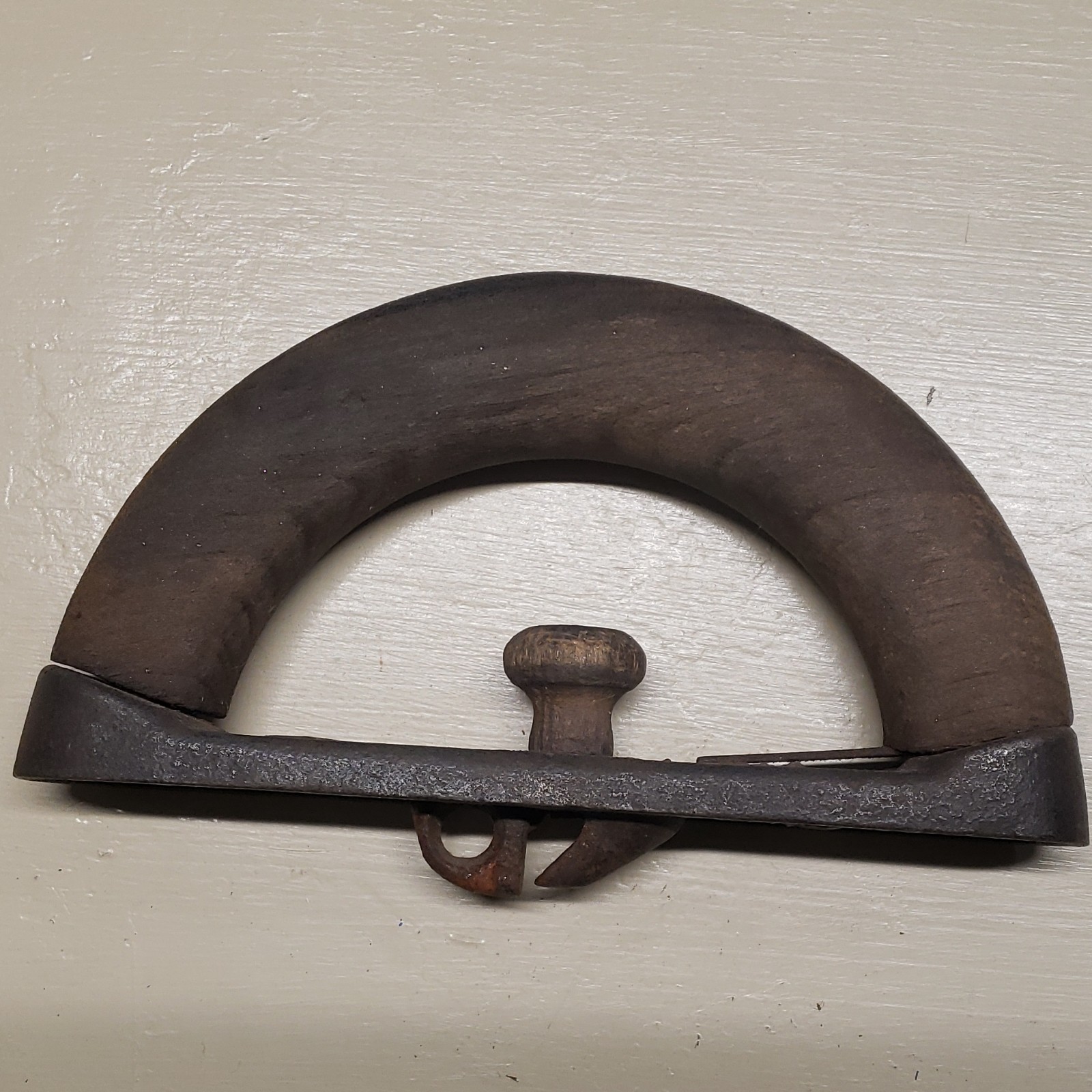 Primitive Antique Wood and Metal Iron Handle with Star Mark, Brown, Hand-Forged