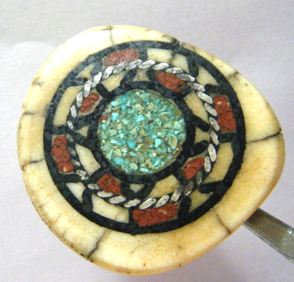 VTG Tibetian Button bone turquoise mosaic red coral metal shank 1. 5″diam.