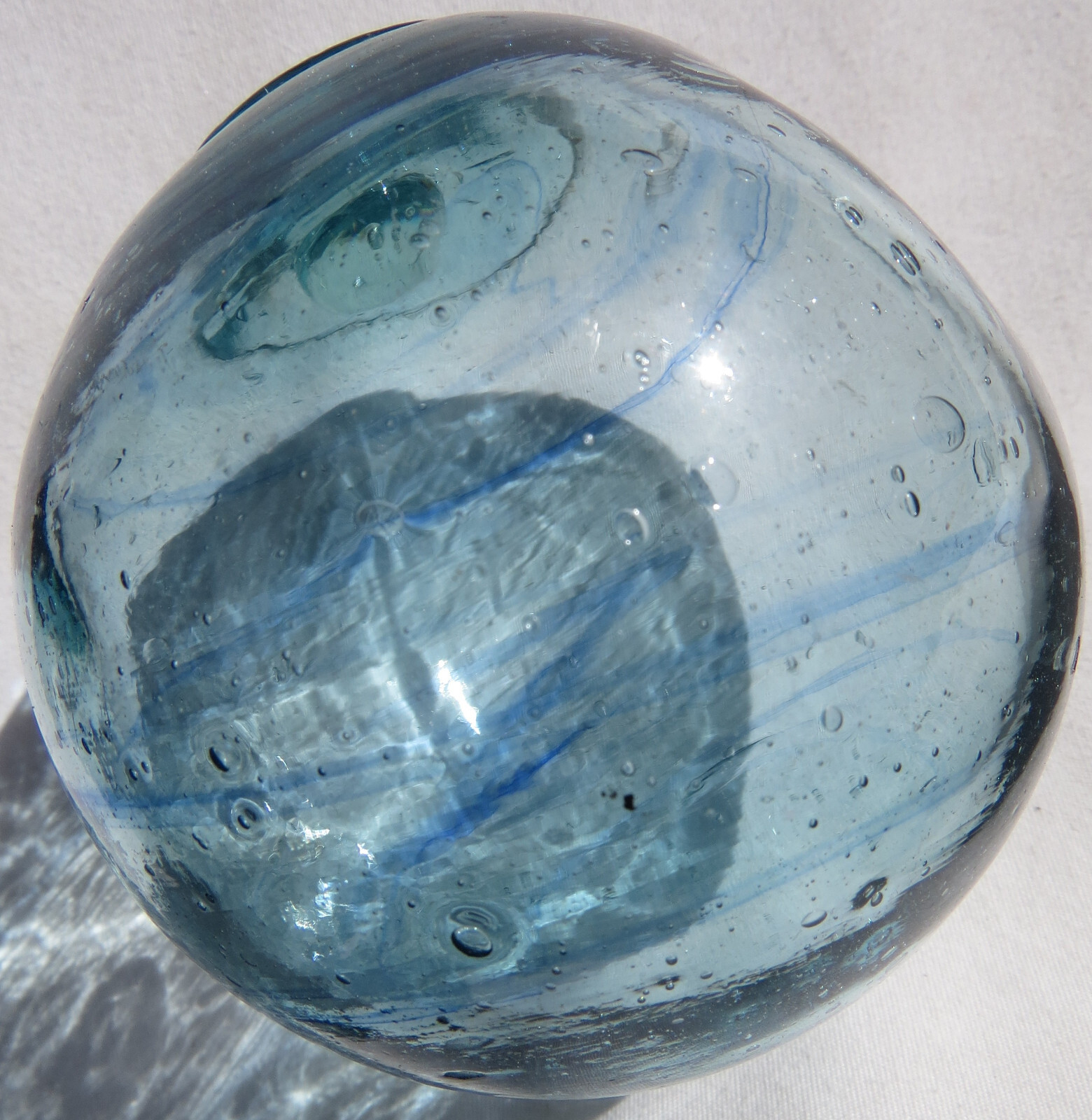 Japanese Blown Glass FLOAT 3.5″ Blue w/Cobalt Swirls Indentation Antique! USA BZ