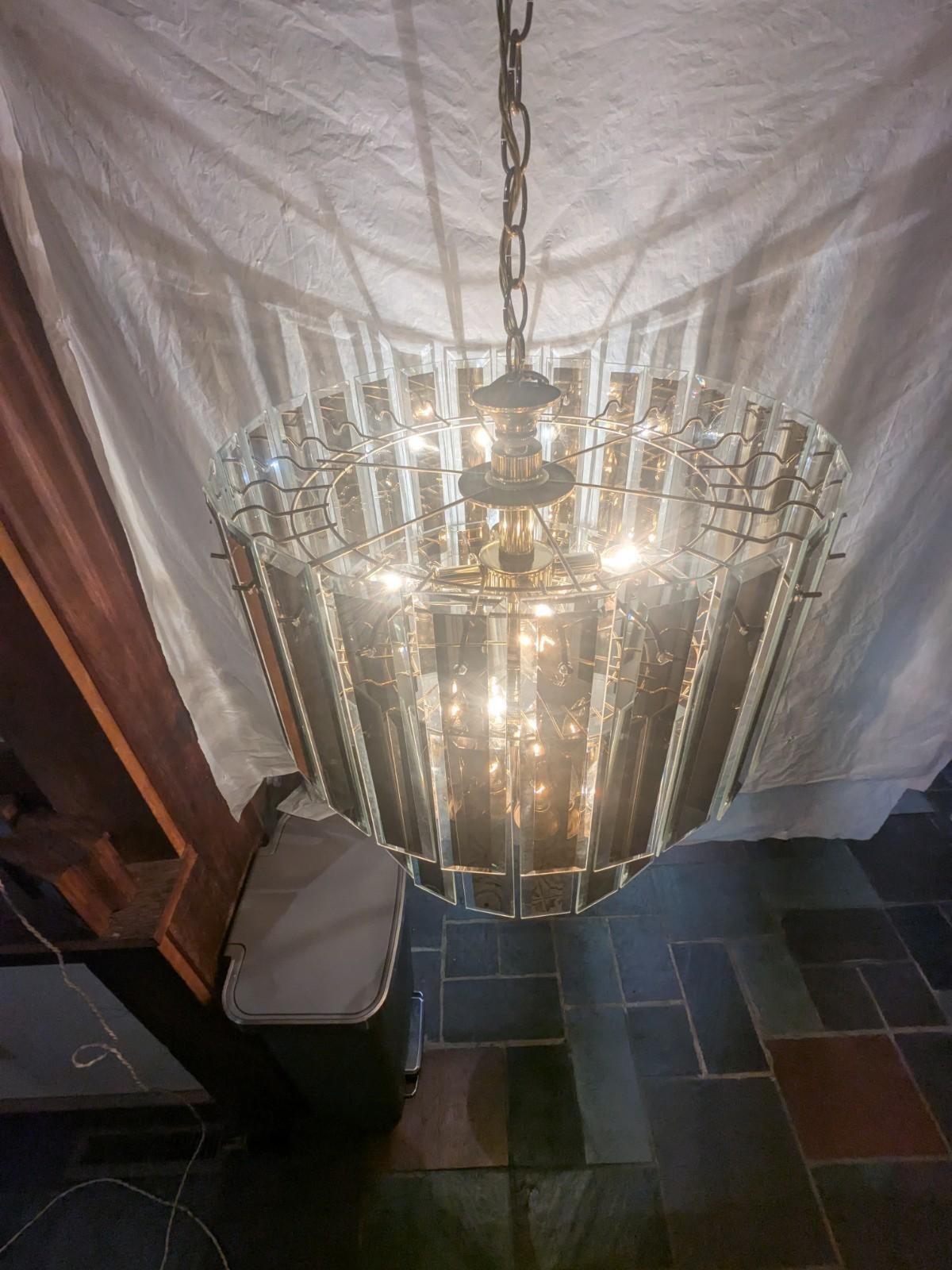 Hollywood Mid Century Mirror Prism Chandelier Ceiling Light Fixture NOS Rare