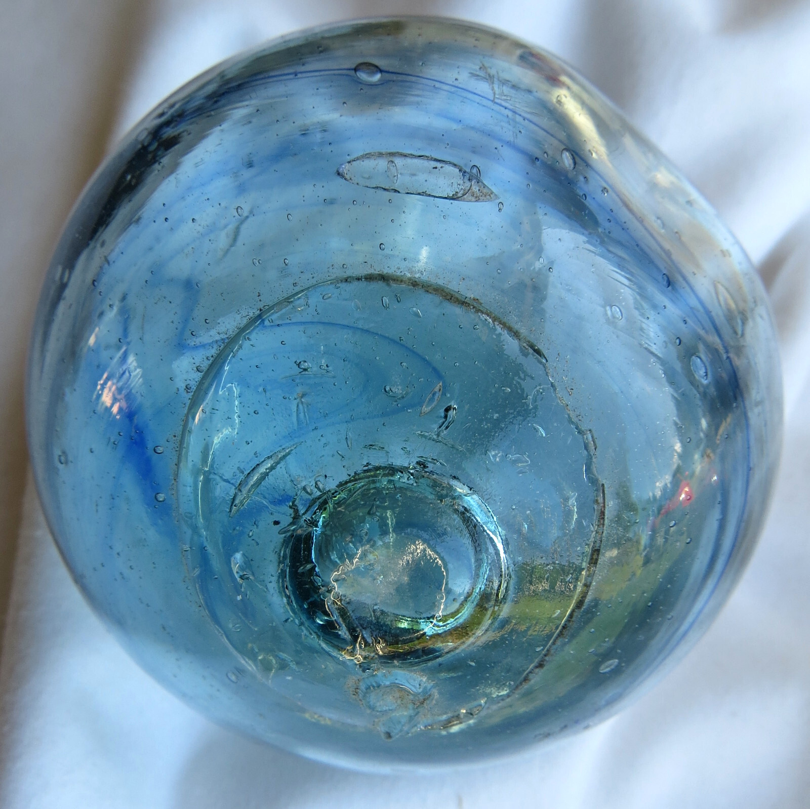 Japanese Blown Glass FLOAT 3.5″ Blue w/Cobalt Swirls Indentation Antique! USA BZ